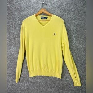 Polo Ralph Lauren Sweater Mens Large Yellow V Neck Cotton Pullover Pony Logo